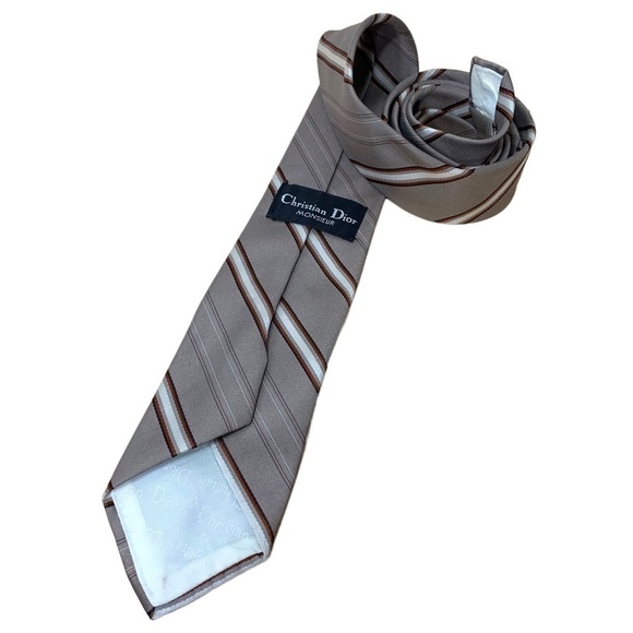 Christian Dior Monsieur Vintage Neck Tie Tan Gray Classic Diagonals Stripes - Picture 3 of 11